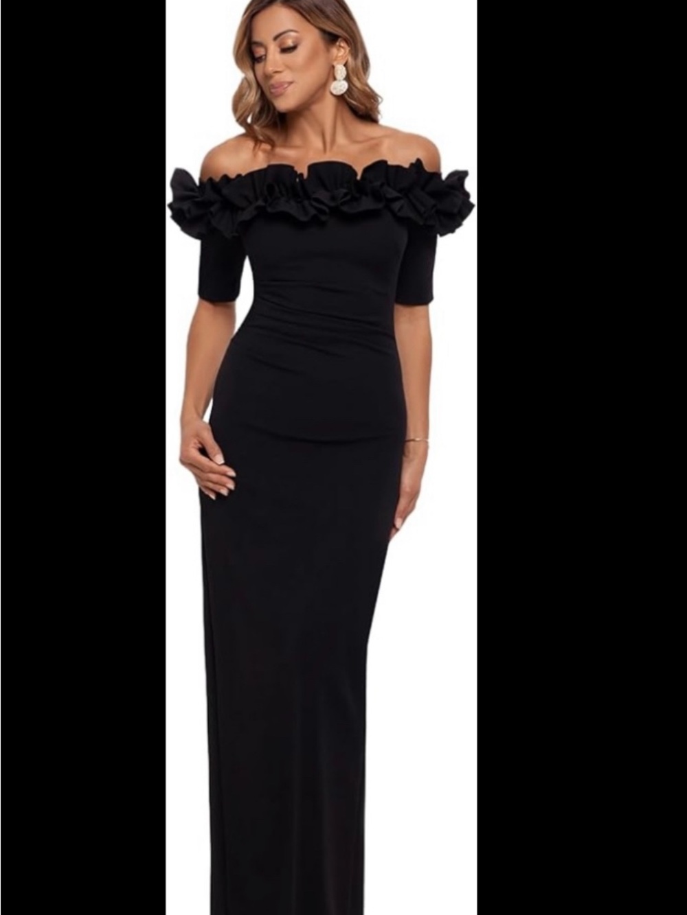 Xscape Black Off-the-Shoulder Ruffle Evening Gown